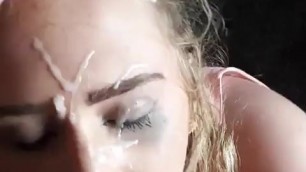 Amateur blonde jerks a cock on her face