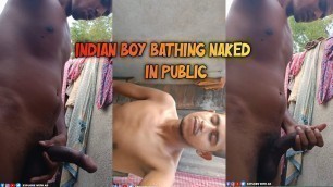 Indian Village boy bathing nude in outdoor and stroking his big cock