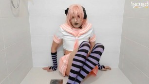 Leona in Astolfo cosplay shows her ass and rides anal dildo until cum